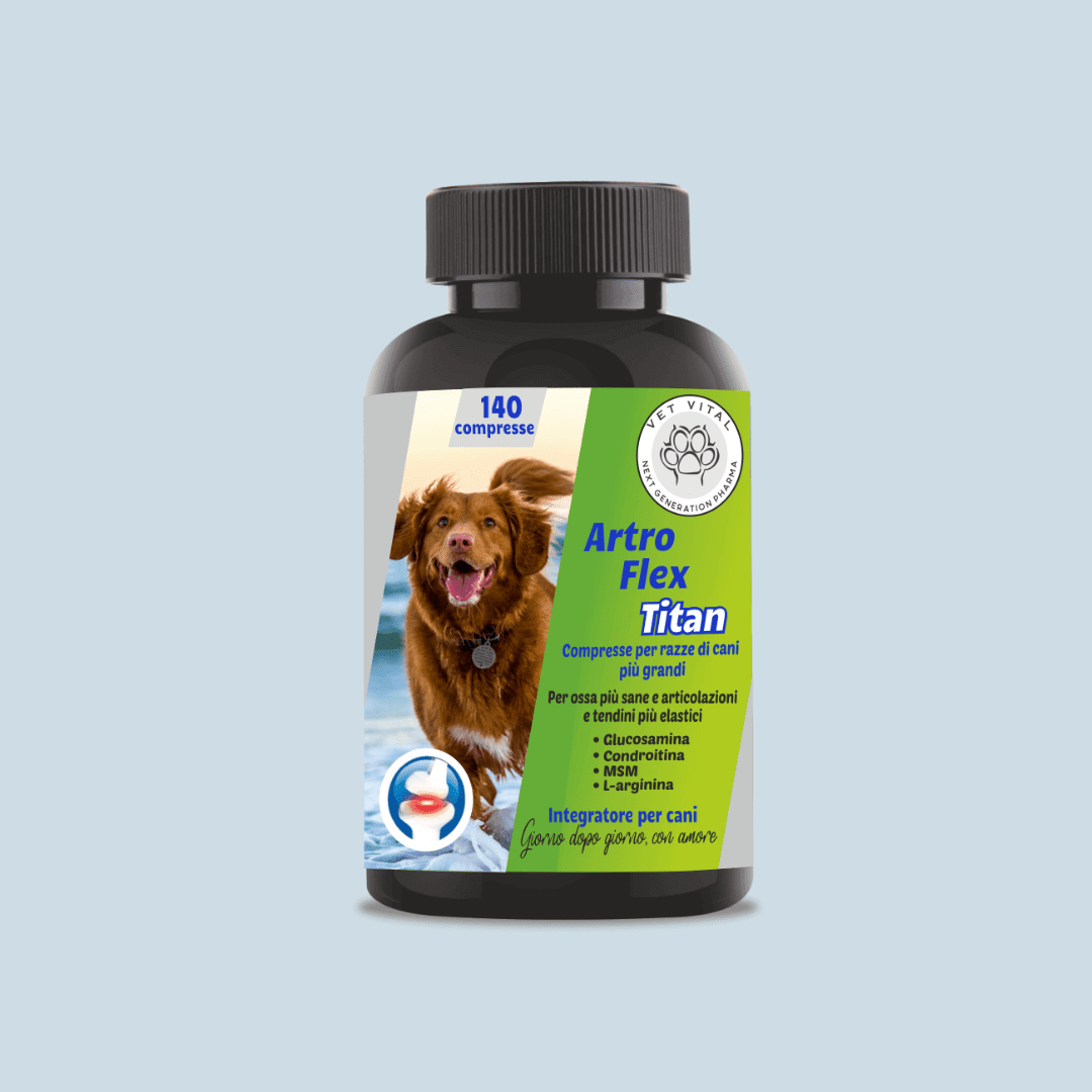 Integratore naturale con glucosamina e condroitina per cani, supporto per le articolazioni e la mobilità da Vet Vital Pharma. Aiuta a mantenere le articolazioni sane e favorisce la libertà di movimento.